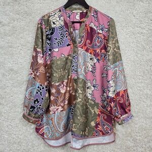 Soft Surroundings Womens Boho Patchwork Paisley Floral Blouse Size 1X Fall Tunic